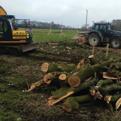 A heavy-duty yellow excavator and a dark tractor working together to clear felled tree trunks and debris from a large grassy field at the Whittingham Hospital site.